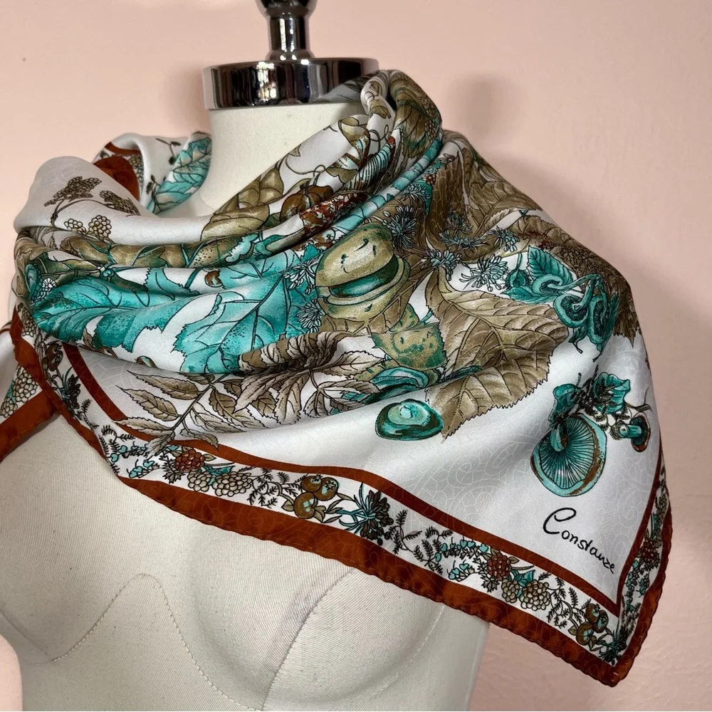 Vintage MCM Constanze  Fairycore Floral Mushroom Rust Aqua Jacquard silk Scarf